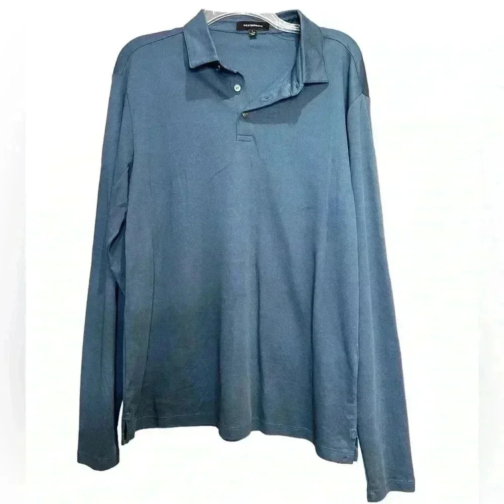 West Zero One Men's River Valley Long Sleeve Solid Polo Shirt-Blue Large
